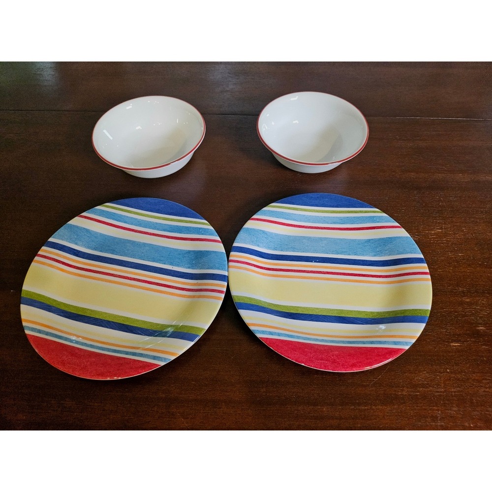 Longaberger Sunny Day Stripe 2-Plates and 2-Bowls